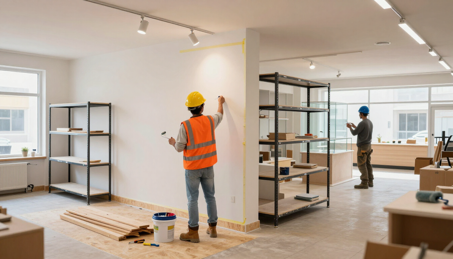 Operai con elmetti di sicurezza dipingono un luminoso interno di ufficio con scaffali e attrezzi.