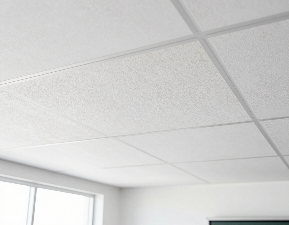 Soffitto bianco dell'ufficio con piastrelle texturizzate e luce fluorescente, visto sopra una finestra e un angolo di parete.