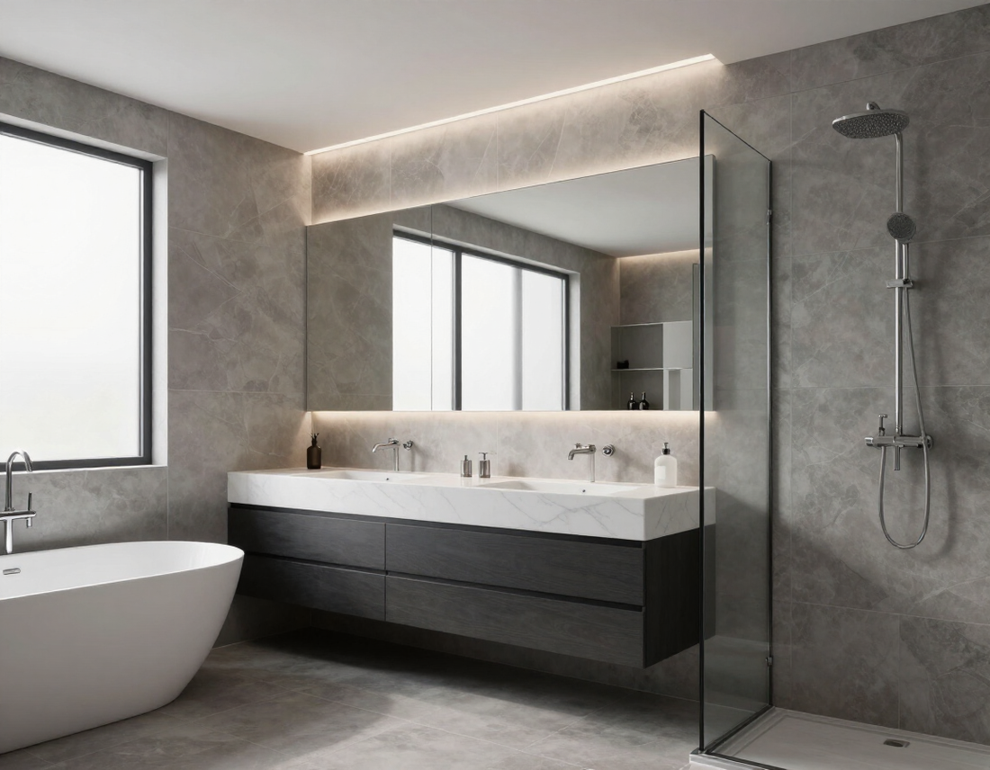 Bagno moderno con vasca freestanding, doppio lavabo, ampio specchio e box doccia in vetro nei toni del grigio.