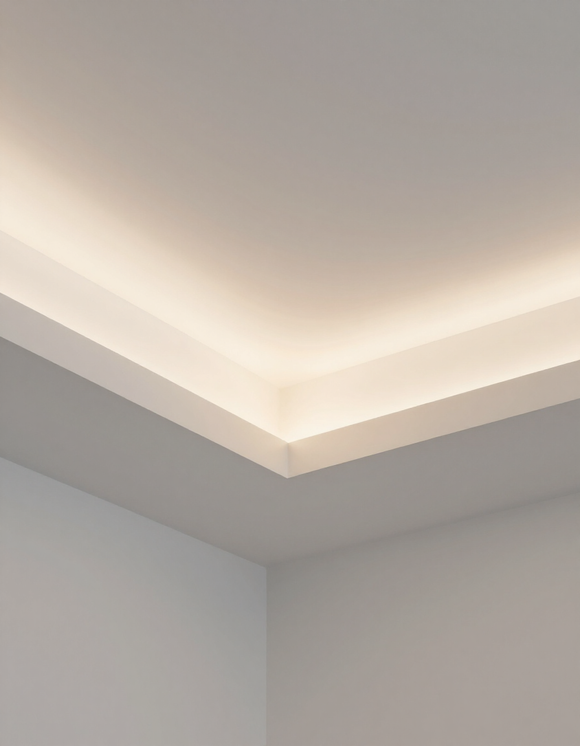 Angolo del soffitto illuminato da luce soffusa con faretti a incasso e pareti bianche