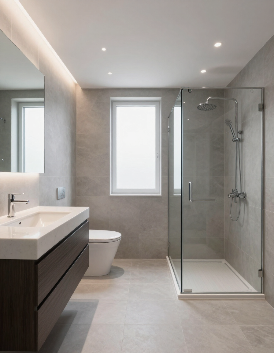Bagno moderno con mobile lavabo, WC, finestra e box doccia in vetro nei toni del grigio.