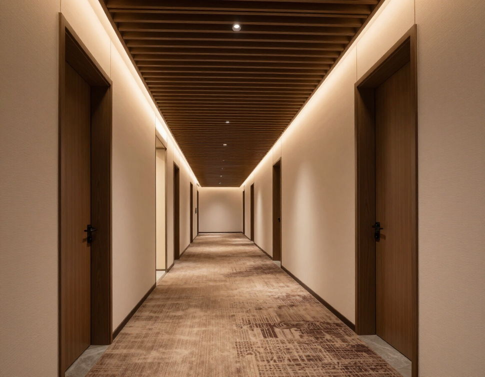 Corridoio moderno con pareti beige, porte in legno scuro e luci calde a soffitto che si perdono in lontananza