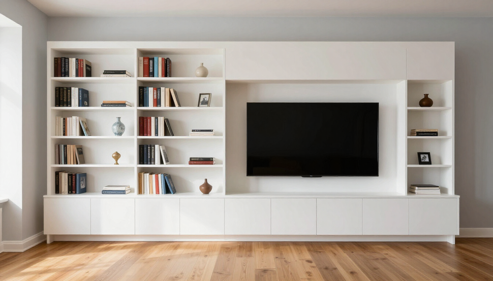 Mobile da soggiorno moderno di colore bianco con libreria e TV montata sopra i pensili.