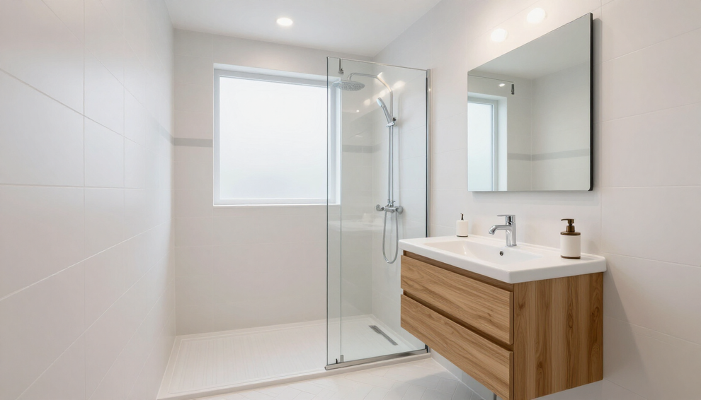 Bagno moderno bianco con doccia in vetro, mobile lavabo in legno, specchio e finestra.