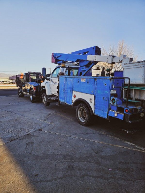 Blue utility trucks parked in a lot at dusk, with a cracked asphalt surface and clear sky.