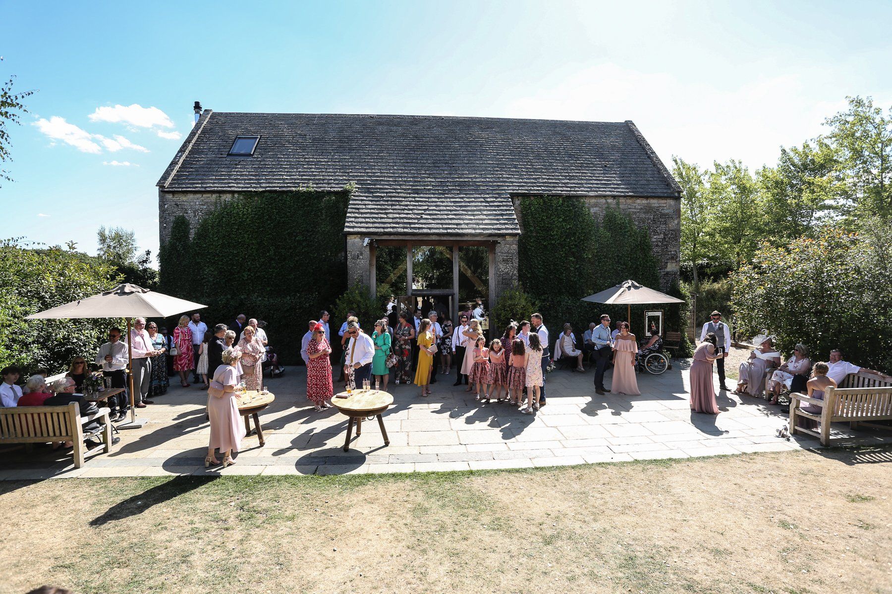 big group photo at stone barn