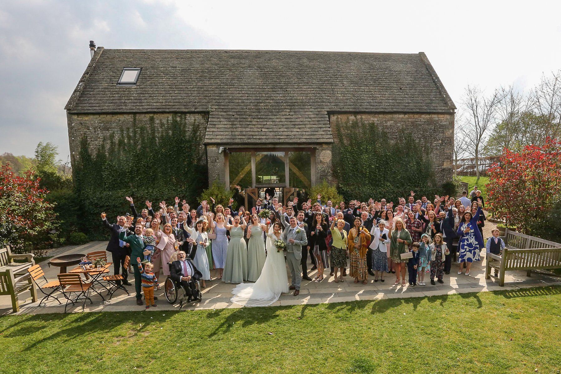 big group photo at stone barn