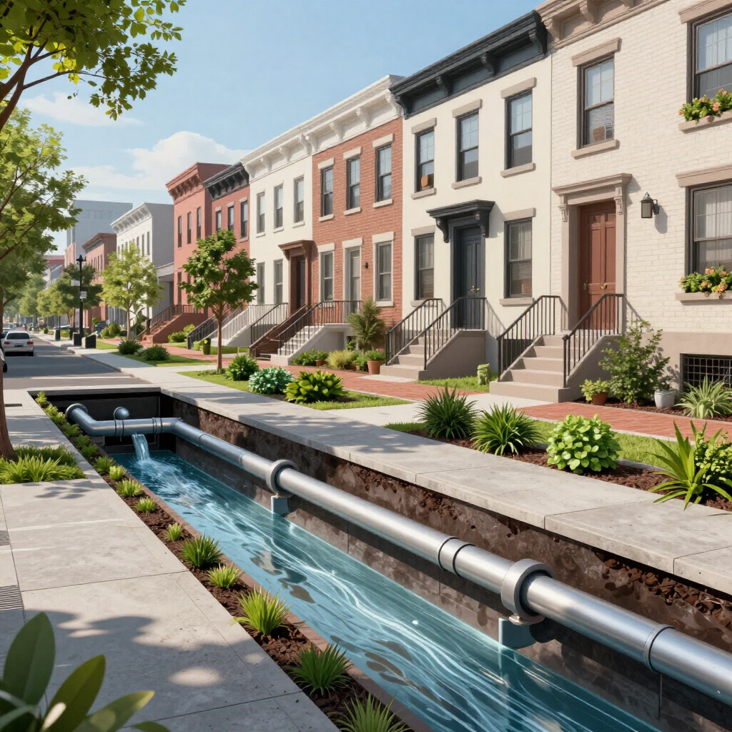 Quiet residential street with row houses and a water drainage canal in the foreground