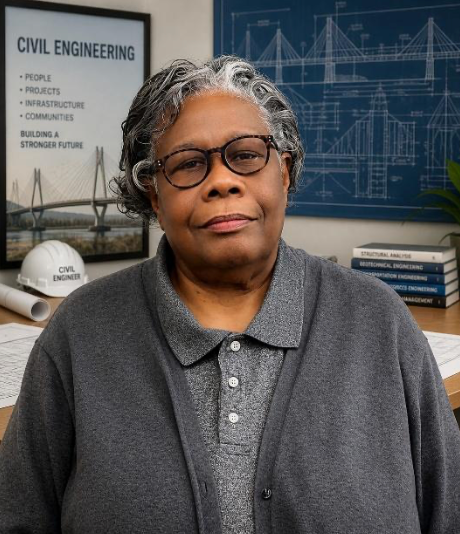Portrait of a person in glasses in a civil engineering office, wearing a gray sweater, with blueprint posters behind them