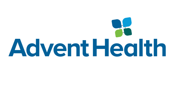 AdventHealth logo in blue with green and blue cross icon on a white background