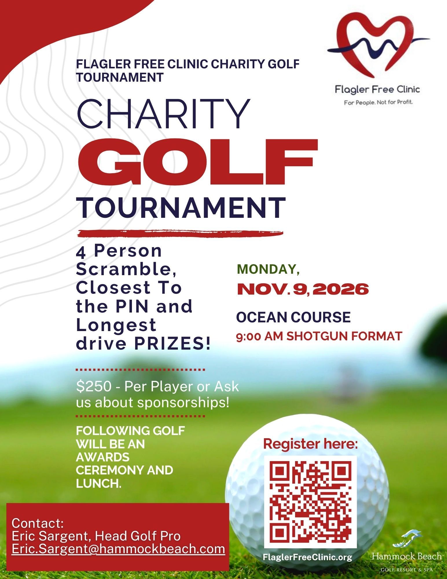Charity golf tournament flyer with red and black text, scheduled Monday Nov. 9, 2026 at Ocean Course.