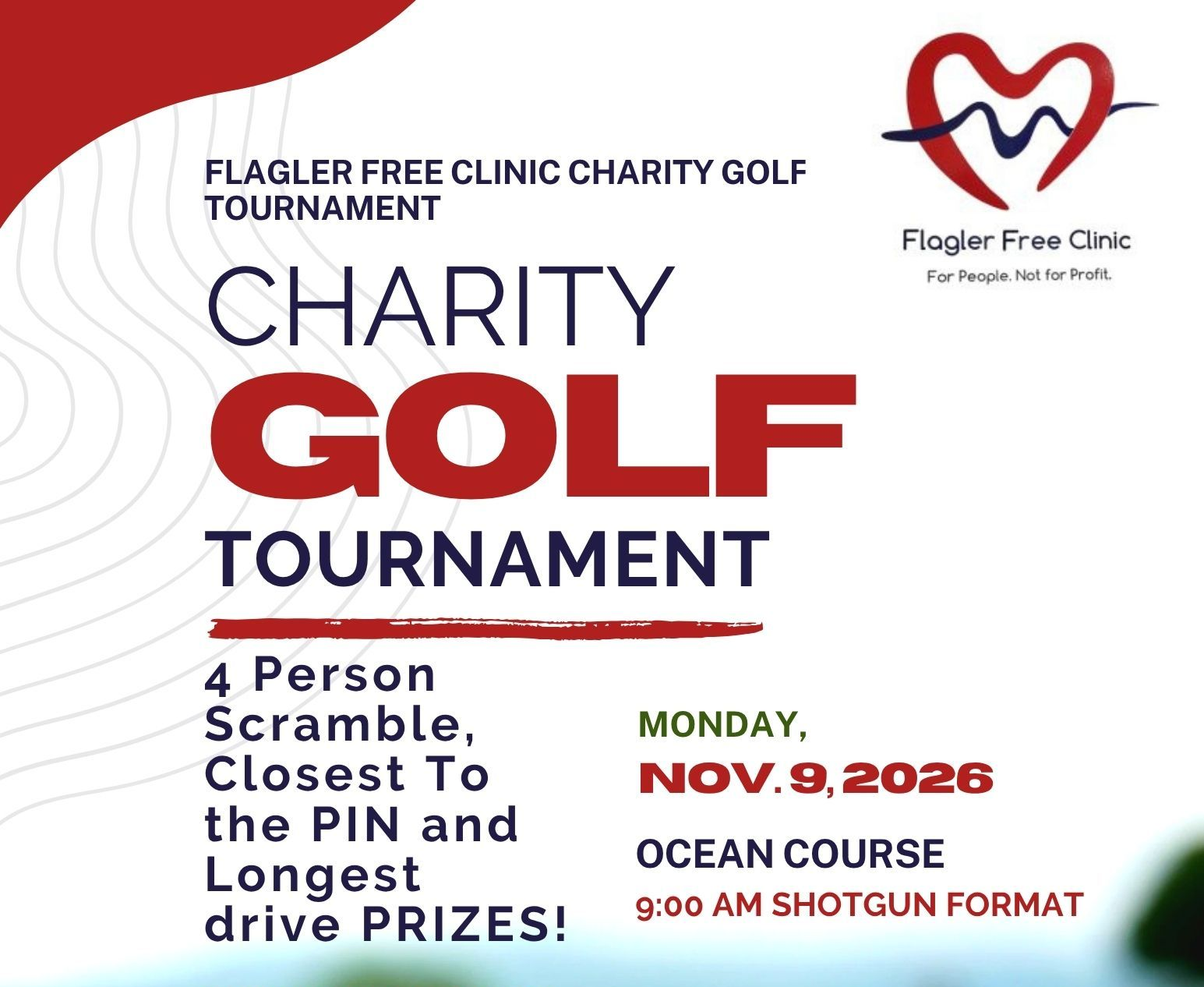 Charity golf tournament flyer with red and black text, scheduled Monday Nov. 9, 2026 at Ocean Course.