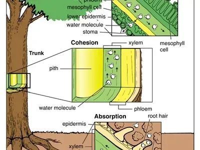 A diagram of the structure of a tree showing the trunk , cohesion , absorption , and root hair.