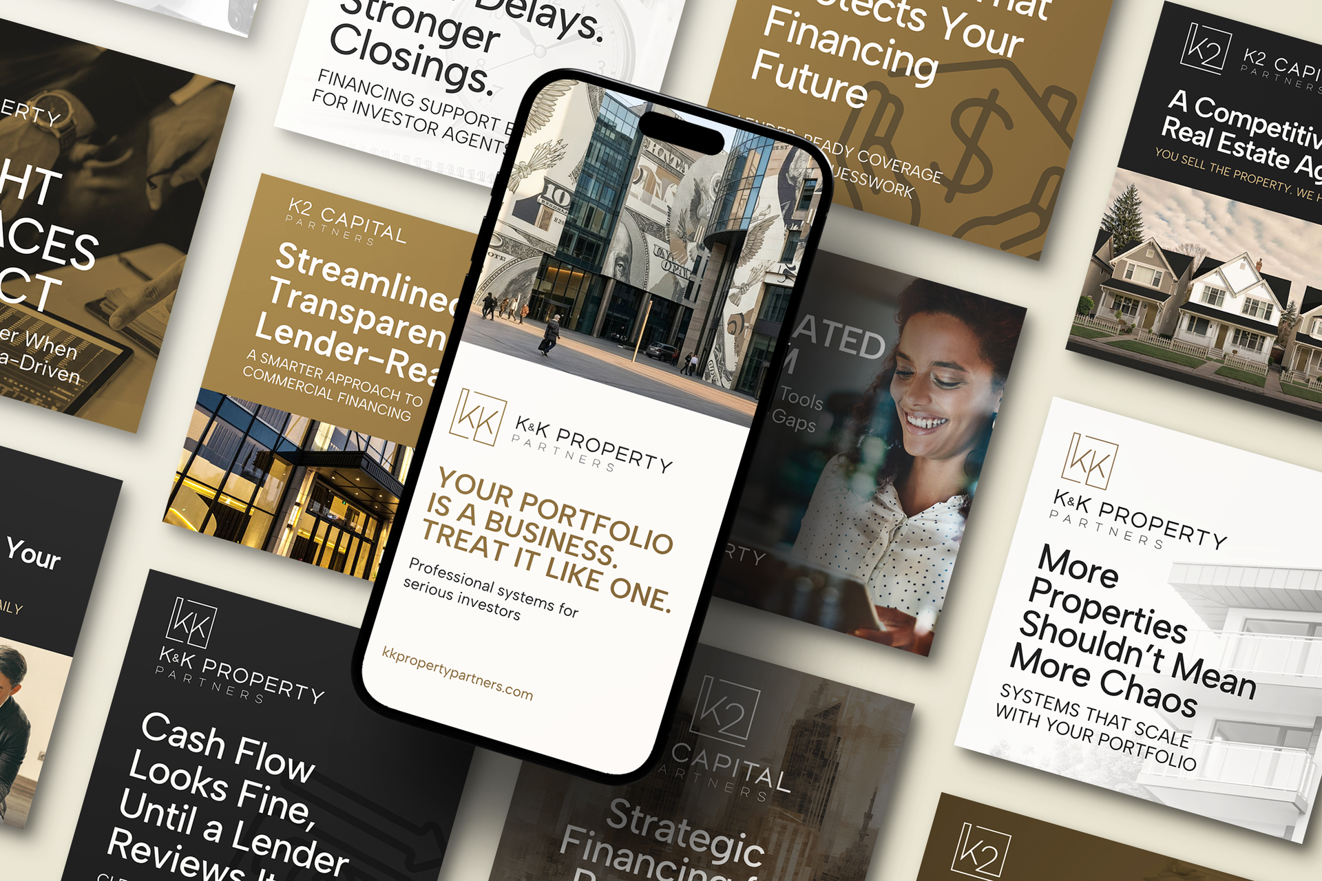 A smartphone showing a business website overlaying a collage of various real estate investment marketing social posts.