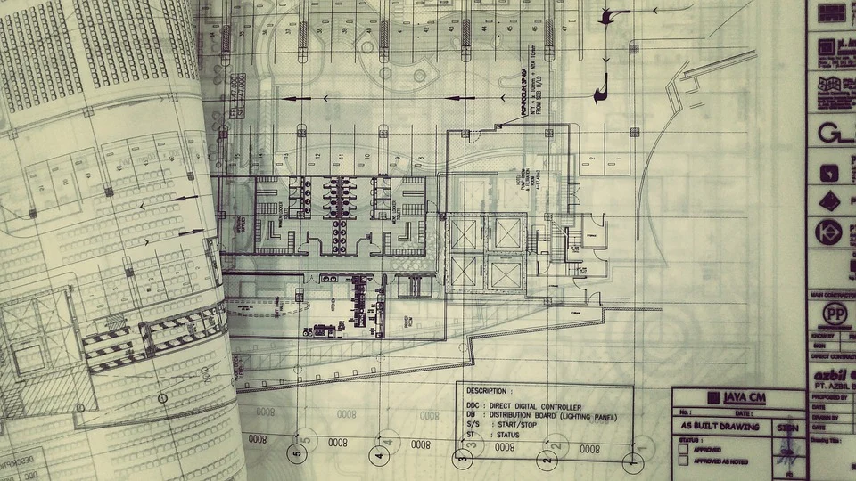 A technical architectural floor plan drawing with detailed layout lines, annotations, and a project title block on the right.