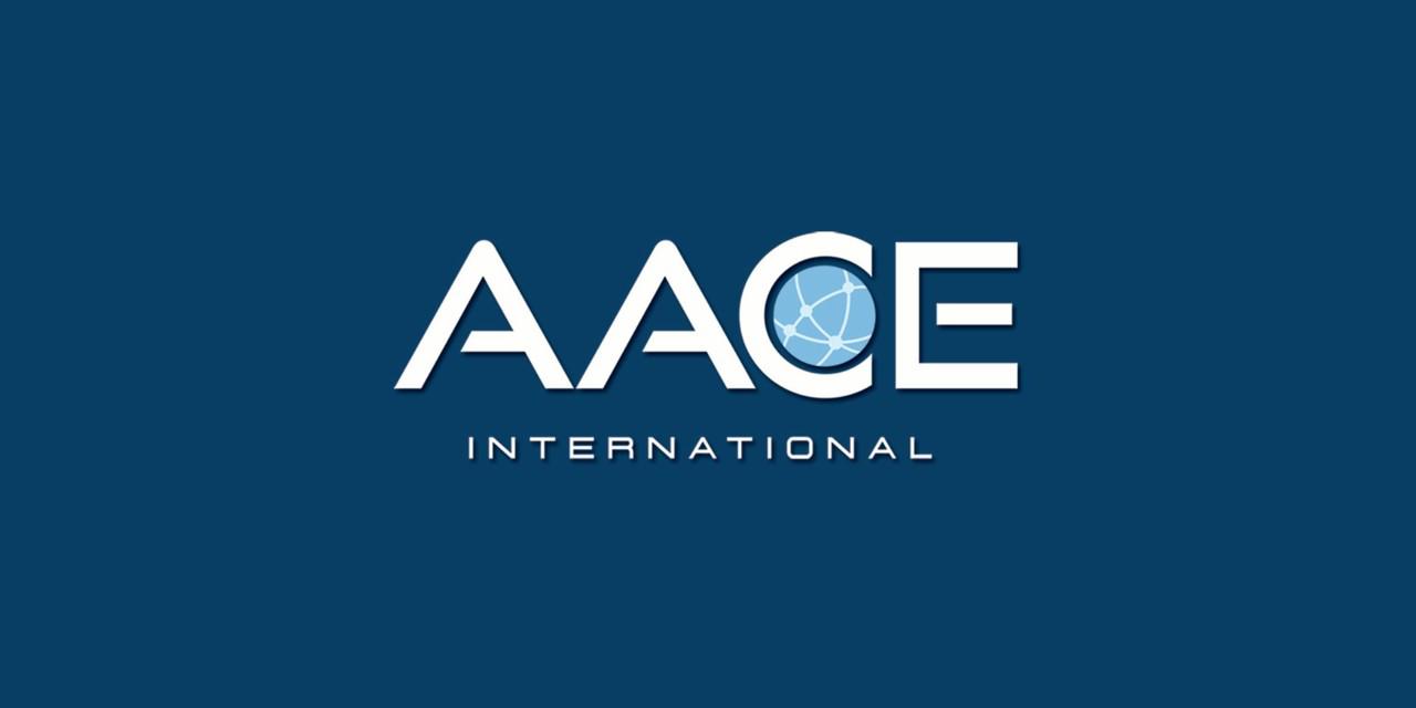The AACE International logo in white text with a light blue circular graphic on a dark blue background.