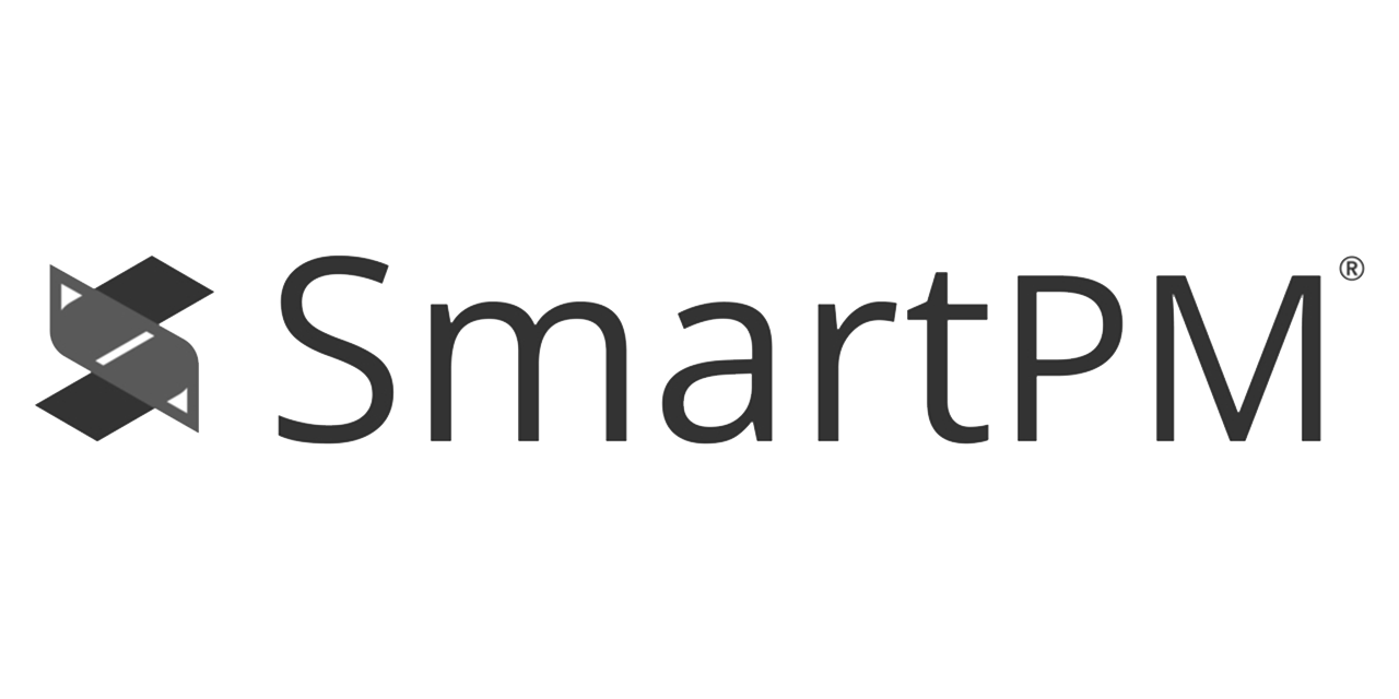 The logo for SmartPM, featuring an abstract geometric icon followed by the brand name in black sans-serif text.