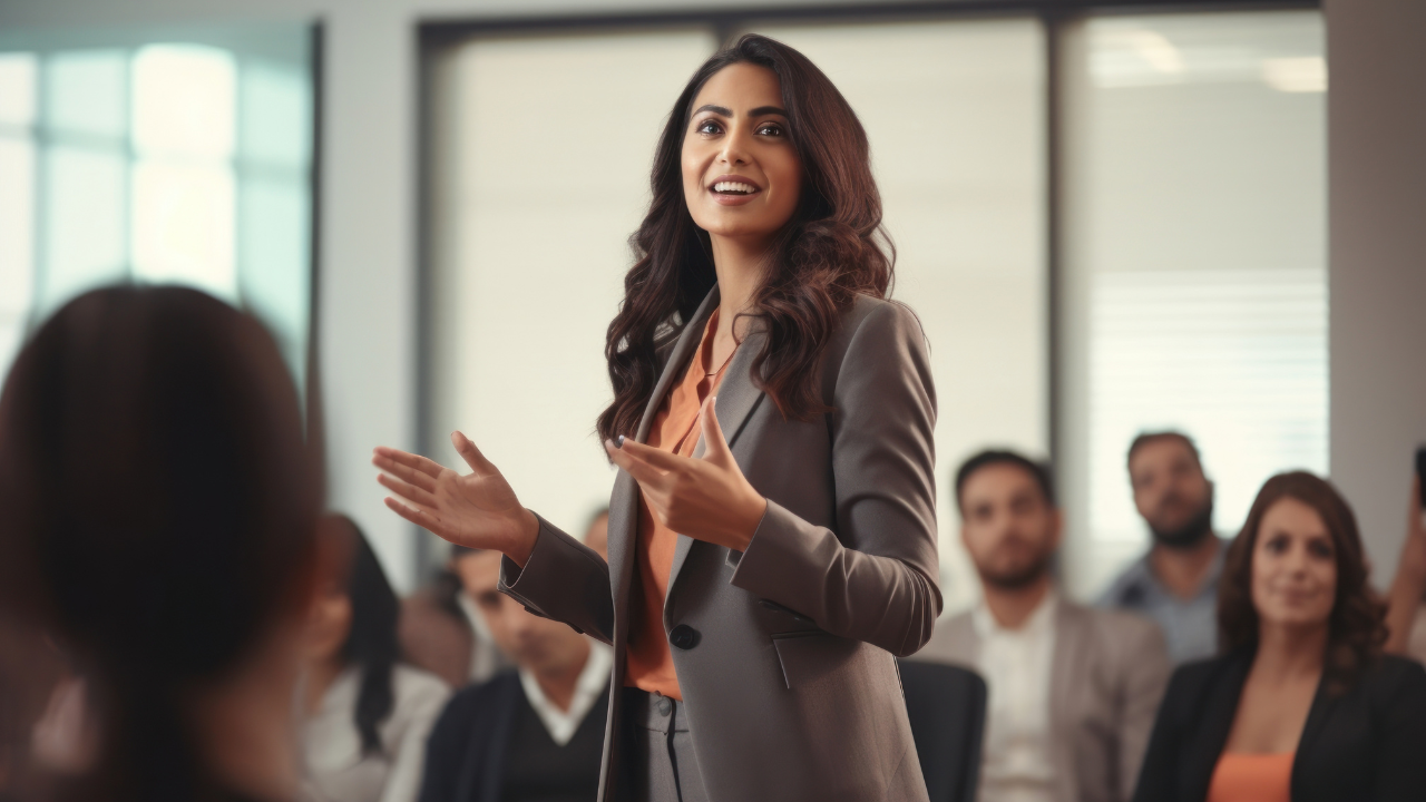 Speaker presenting in a meeting room, gesturing while colleagues listen in the background.