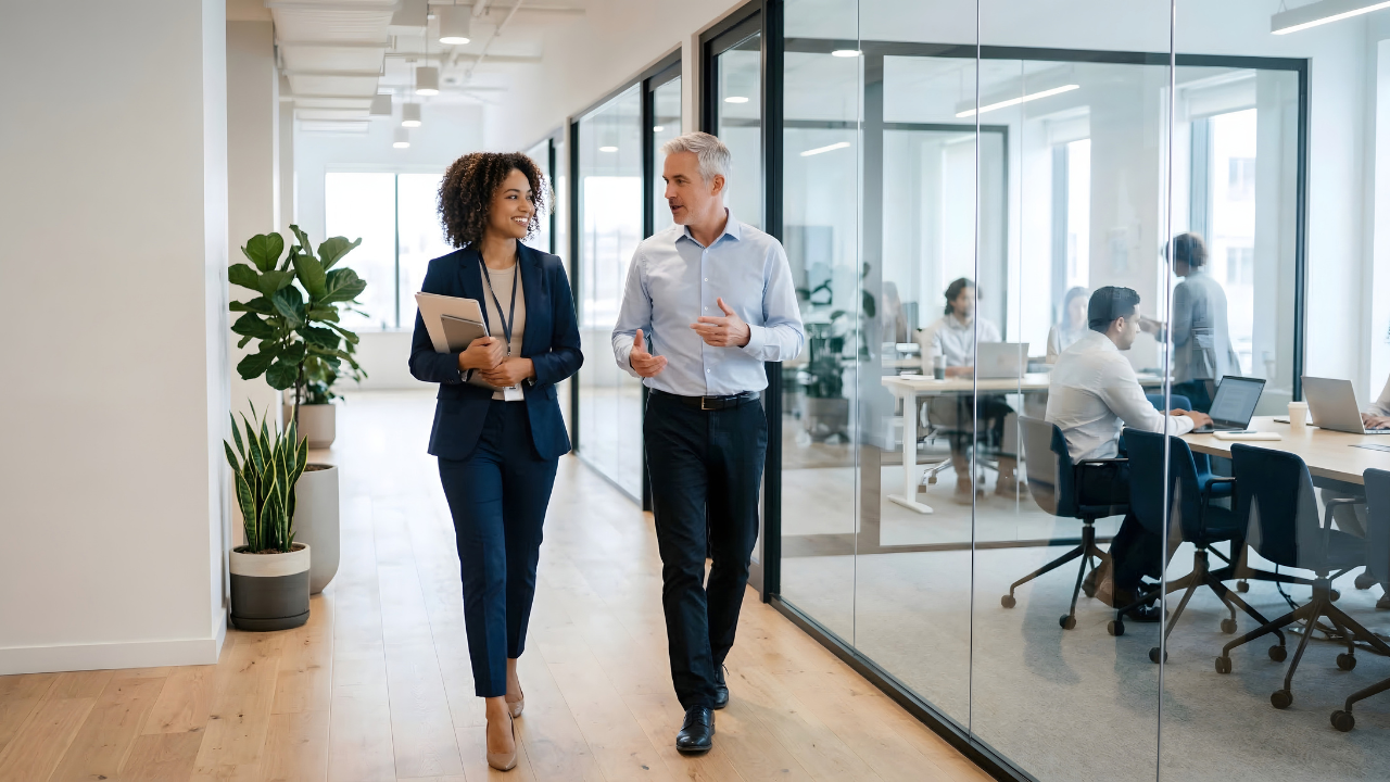 Two colleagues walking through a modern office hallway, talking as coworkers in glass meeting rooms work nearby