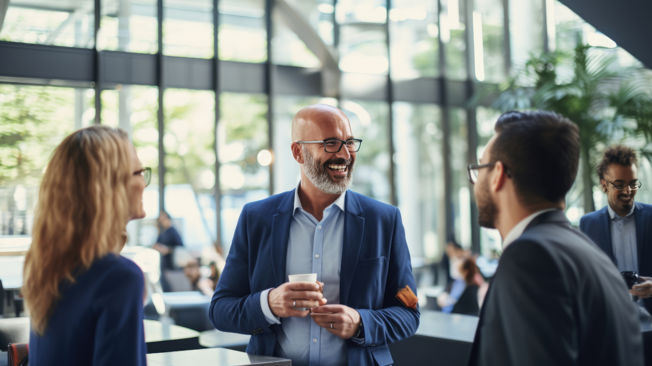 Three professionals chatting in a bright office lobby, holding coffee and smiling