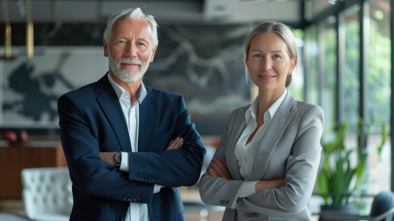 Two professionals standing with arms crossed in a modern office, smiling at the camera