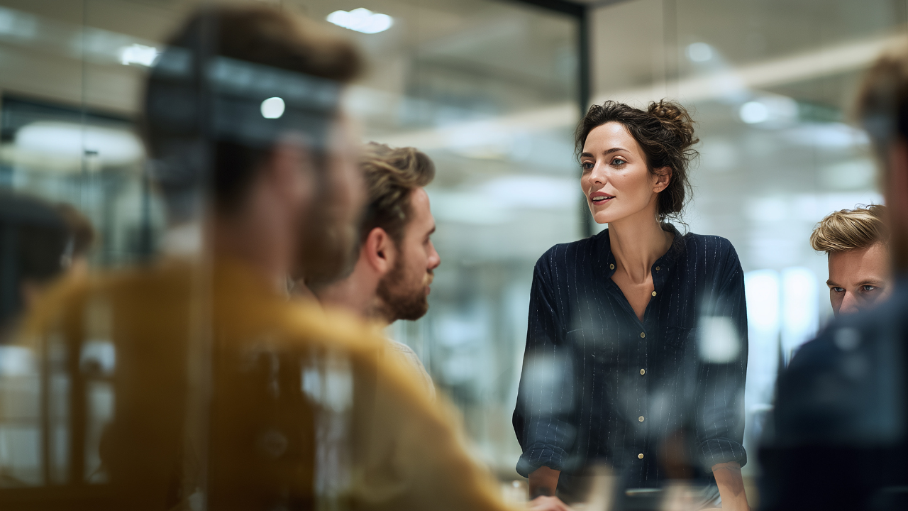 Business meeting in a glass-walled office, with a woman speaking to seated colleagues.