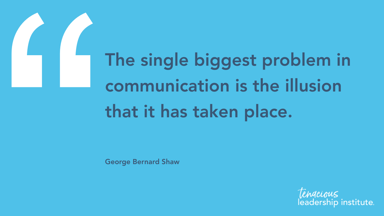 Blue quote graphic with white quotation marks and text: “The single biggest problem in communication is the illusion that it has taken place.”