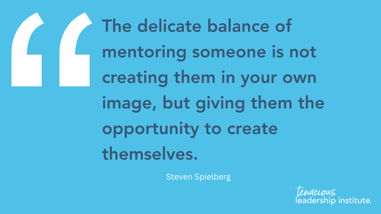 Blue quote graphic with large white quotation marks and mentoring quote by Steve Jobs.