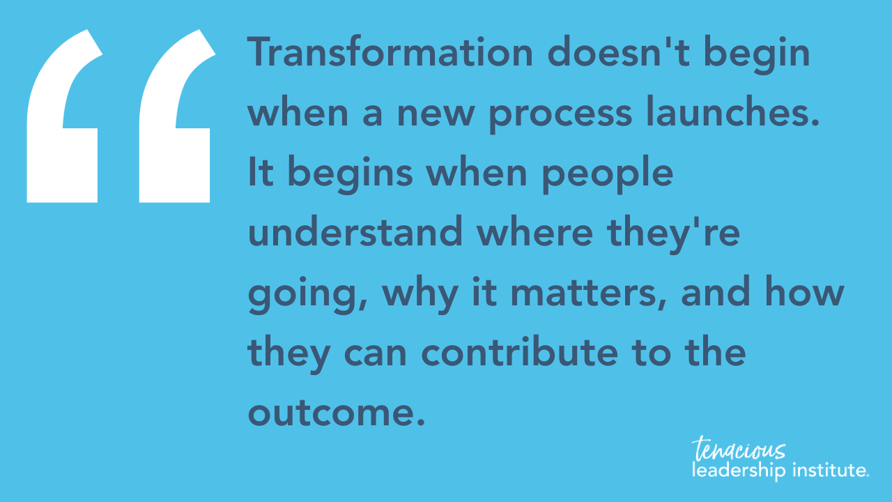 Blue quote graphic: “Transformation doesn’t begin when a new process launches...”