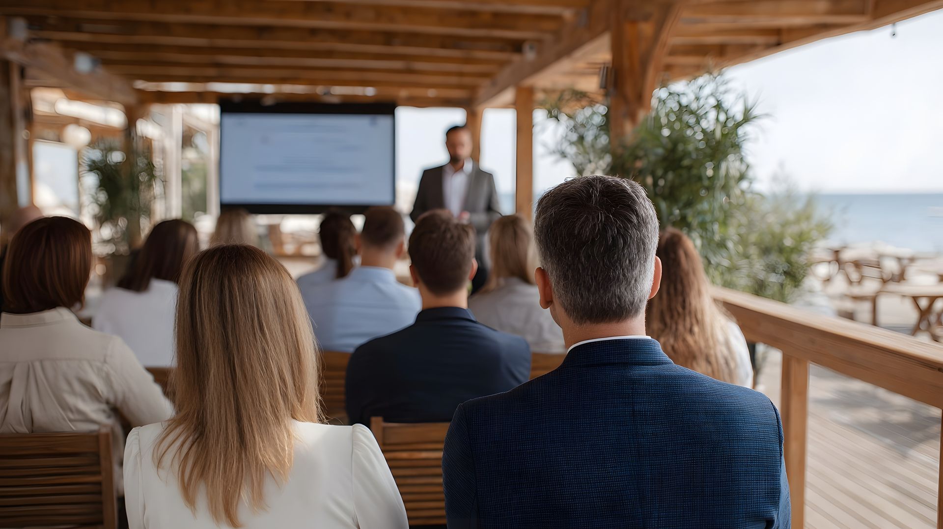 Business meeting with a speaker at a conference table, gesturing while two colleagues listen in a bright office.