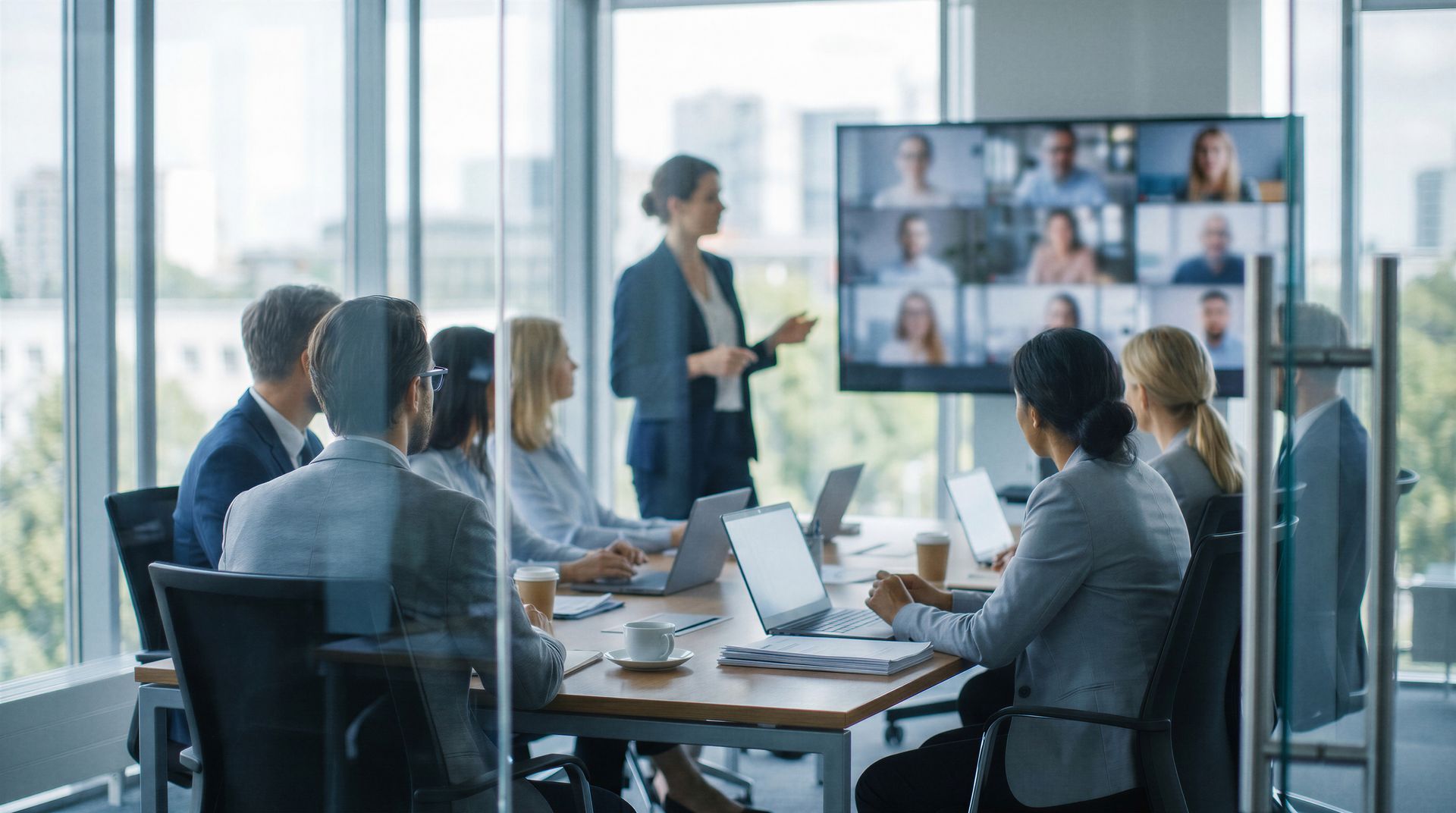 Business meeting with four people discussing documents in a bright office