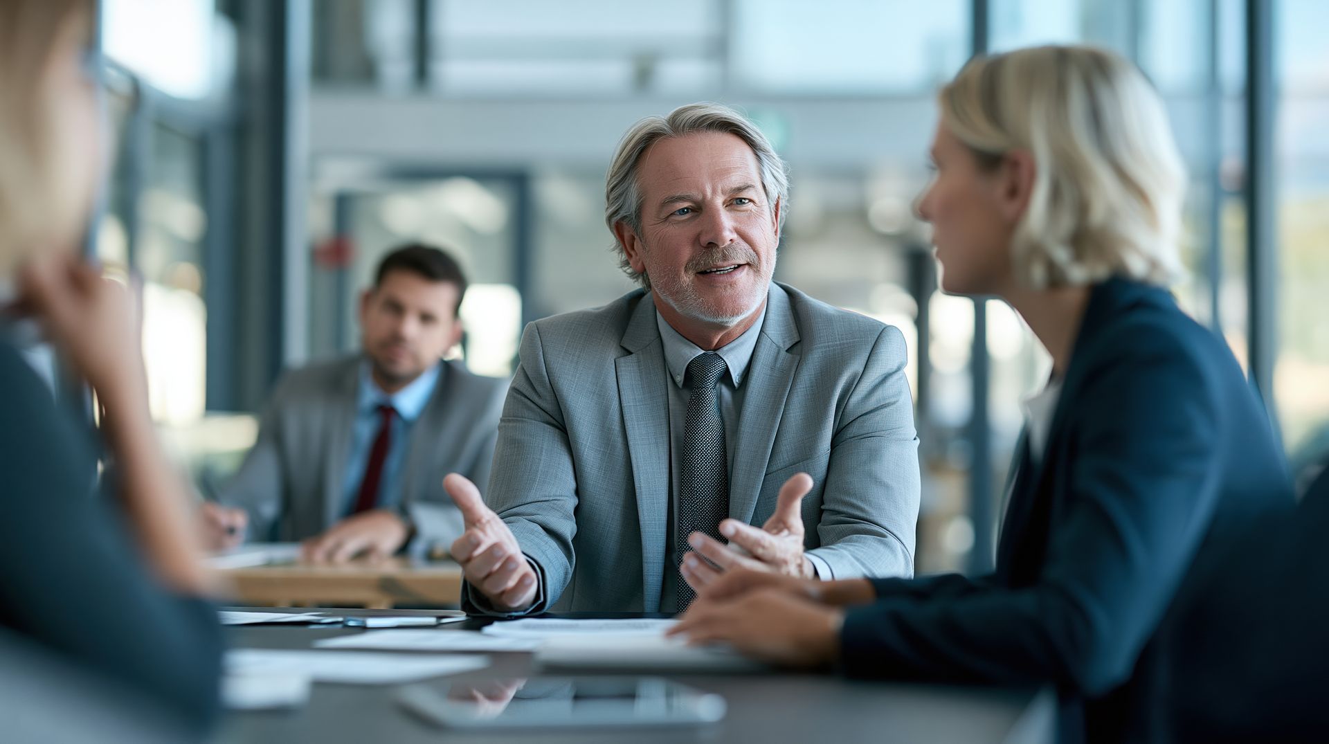 Business meeting with four people discussing documents in a bright office
