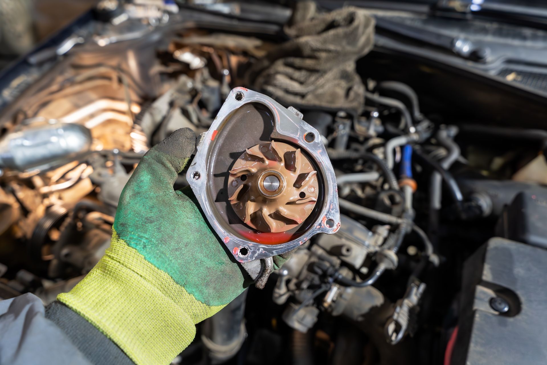 Gloved hand holding a car engine water pump beside an open engine bay