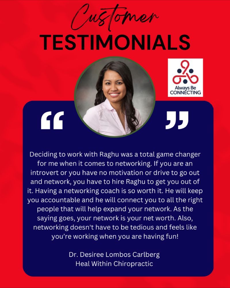 A poster with a picture of a woman and a quote from a customer.  | Chicagoland | Always Be Connecting