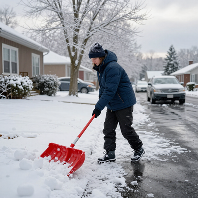 Person shoveling snow from a driveway with a red shovel in a snowy neighborhood