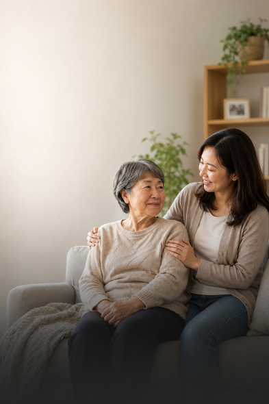 Two women sit on a couch, smiling and holding hands in a bright living room.