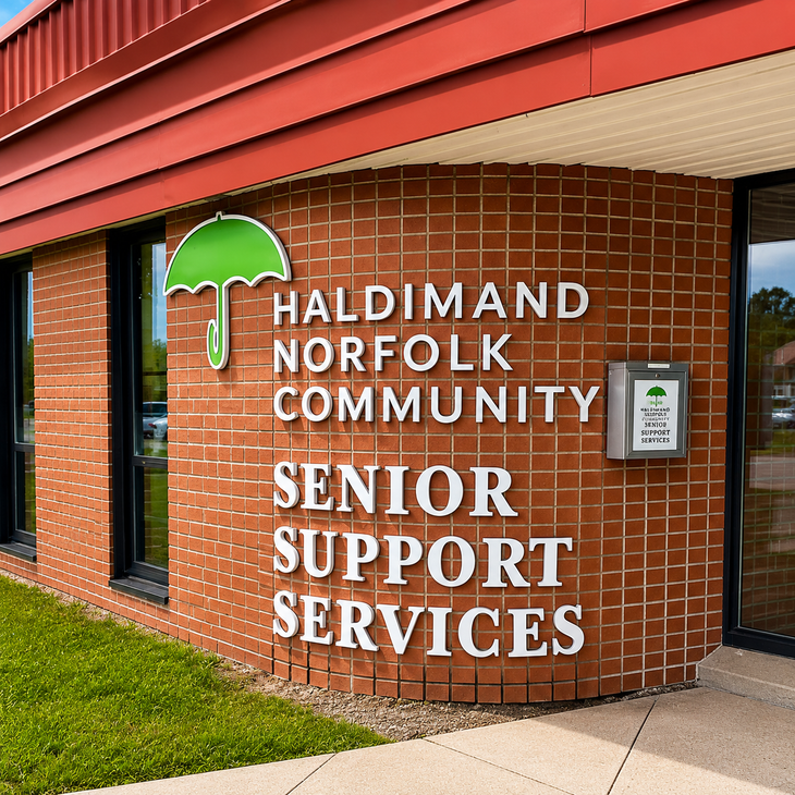Haldimand Norfolk Community Senior Support Services sign on a red brick building with green umbrella logo