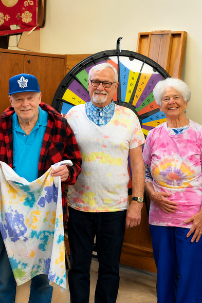 Three people smiling in a workshop, standing by a colorful quilt and rainbow-painted spinning wheel.