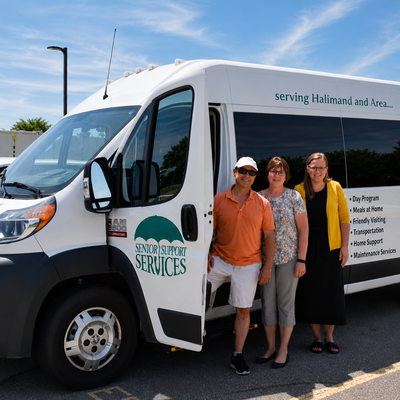 Three people standing beside a white Community Services shuttle van in a sunny parking lot.