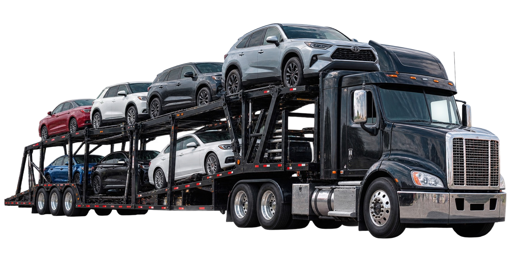 Open car carrier hauling cars
