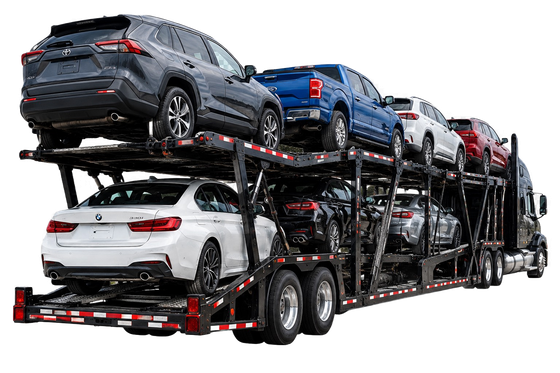 Open car carrier hauling cars