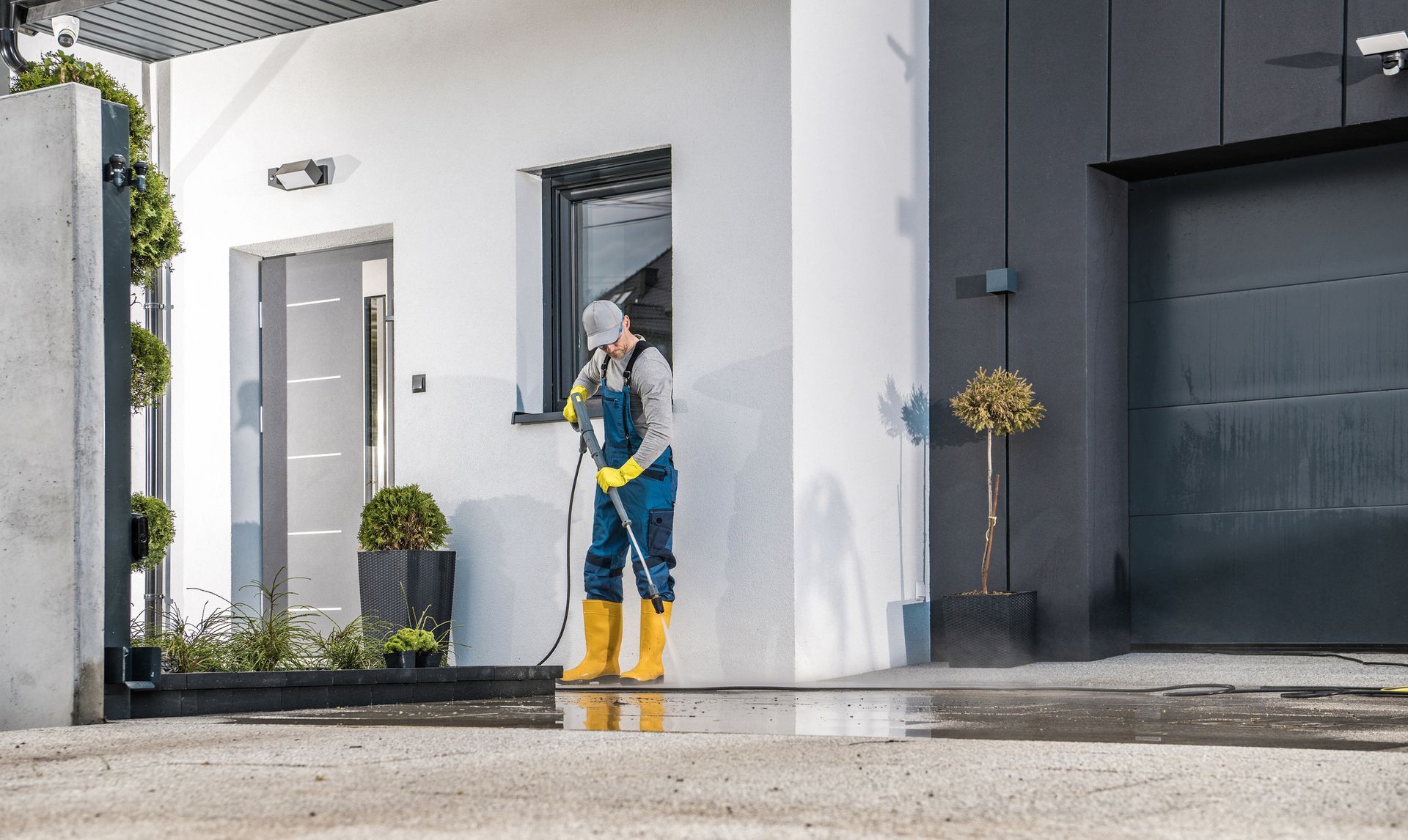 A man is cleaning the driveway of a house with a high pressure washer.