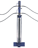 Blue metal utility pole with attached wires and a vertical support frame against a white background