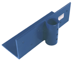 Blue metal bracket with a cylindrical hinge mount and mounting holes