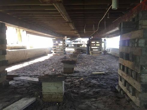 Under a raised structure, stacked wooden pallets and debris line a muddy, dimly lit ground.