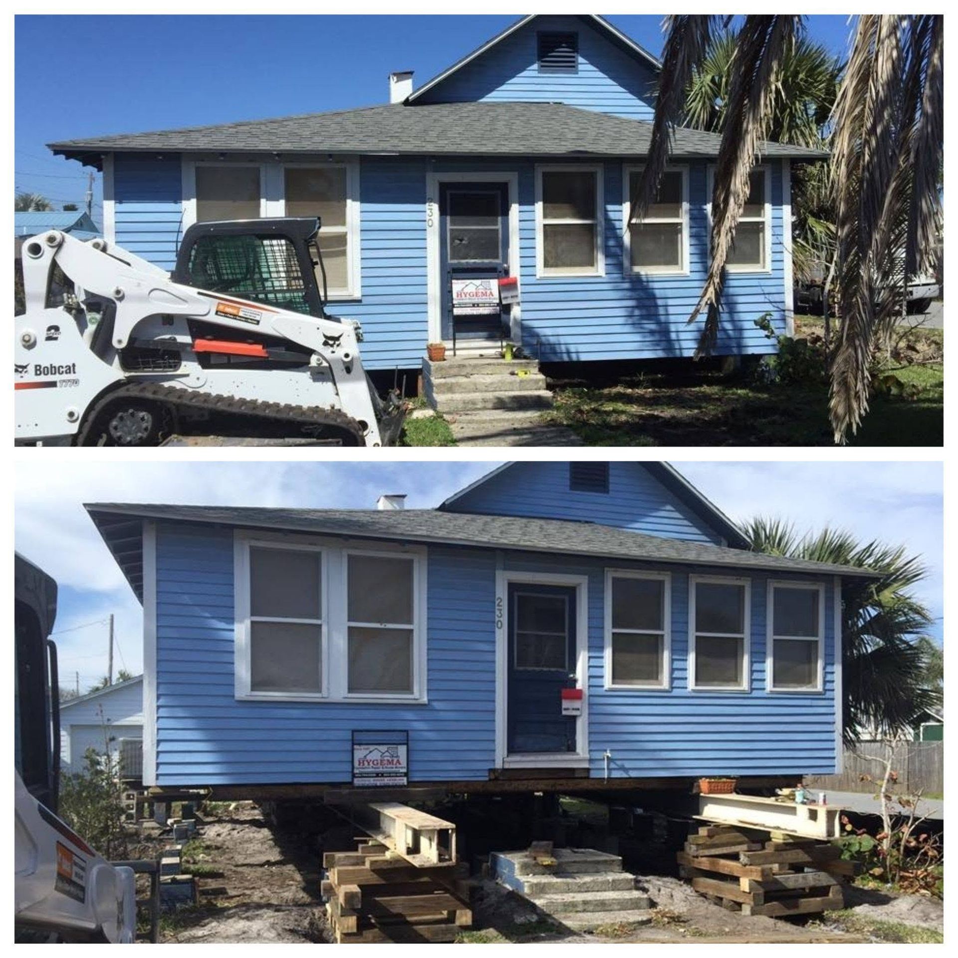 Blue house being lifted on cribbing blocks by a skid steer, with two exterior views of the move.