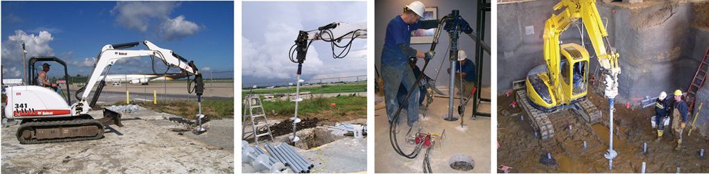 Collage of construction workers and excavators at a job site, with digging, lifting, and utility work scenes