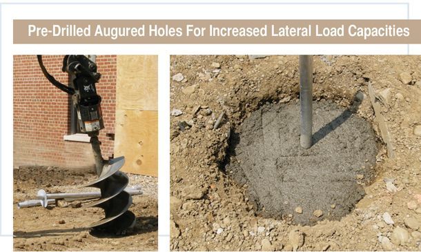 Split view of a helical pile installation and a pre-drilled augered hole with concrete footing in soil
