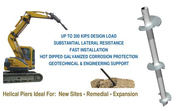 Yellow excavator installing helical piers beside steel pile, with text listing load capacity, resistance, and support features