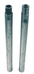 Two gray metal pipes standing upright with holes near the top